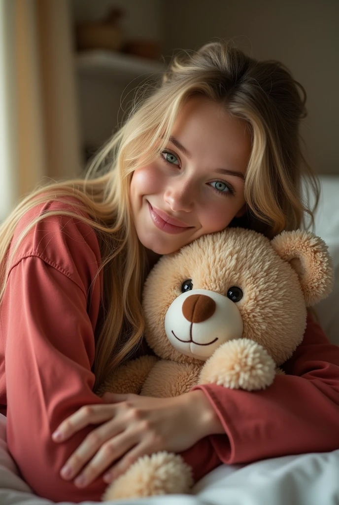8k, highest quality, ultra details, German girl with long blonde hair and green eyes with slightly thicker lips , happy and relaxed in bed with her teddy cuddling with a red pajama