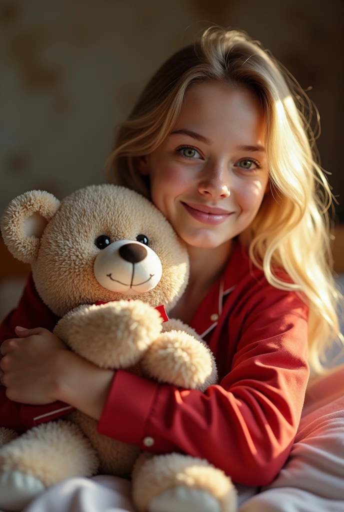8k, highest quality, ultra details, German girl with long blonde hair and green eyes with slightly thicker lips , happy and relaxed in bed with her teddy cuddling with a red pajama