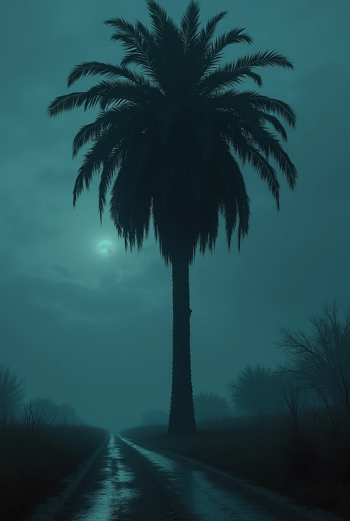 1000years old plam tree on road site at night time horror mode 
