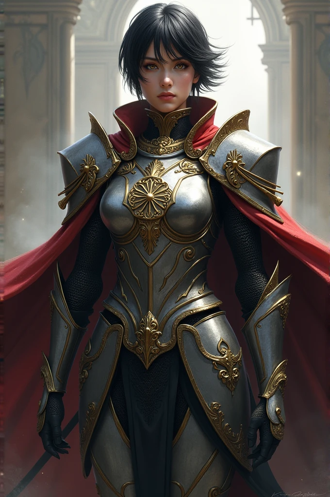 Um heroinde 1,90 m with athletic hair and short, well-groomed black hair,amber eyes and the suit of light armor in dark silver and gold details with an emblem and a short cape that fastens at the shoulders with an ornate brooch