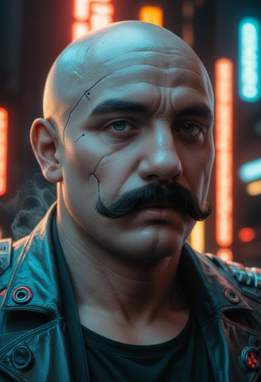 1 man, chubby bald man with mustache, cyberpunk clothing, cyberpunk mercenary, cybernetic implants, detailed face, octane render, highly detailed, 8k, photorealistic, cinematic lighting, dramatic atmosphere, gritty cyberpunk city, dark color palette, neon lights, steam punk, advanced technology, intricate details