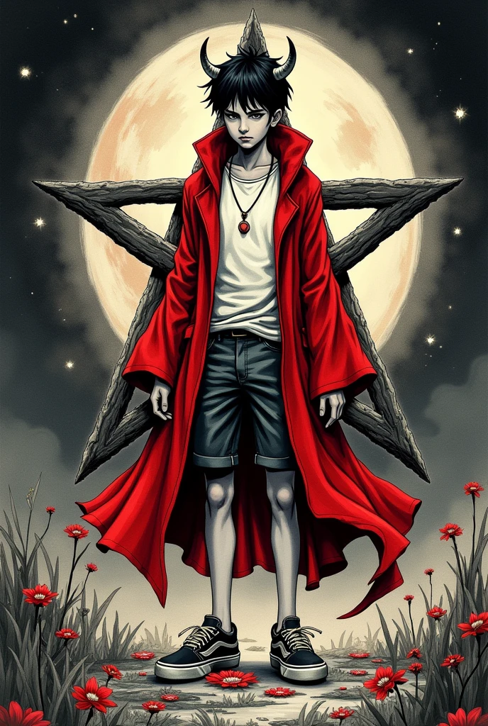 Teenager man with vans shorts and red robe with horns inside a pentagram with a with his name crilboy.ink drawn style