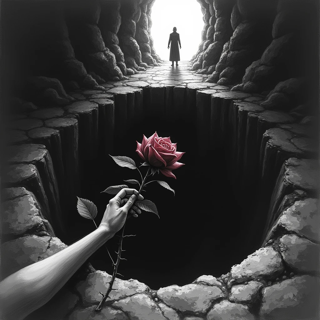A bloody rose reaches towards the hole,dark deep pit,There is only a glimmer of light at the far entrance of the cave, Black and white, sketch