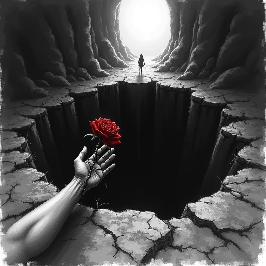 A bloody rose reaches towards the hole，dark deep pit，There is only a glimmer of light at the far entrance of the cave, Black and white, sketch