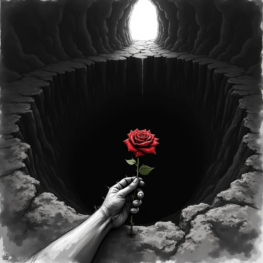A bloody rose reaches towards the hole,dark deep pit,There is only a glimmer of light at the far entrance of the cave, Black and white, sketch