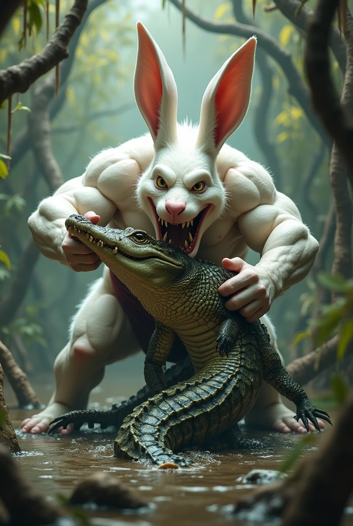 Strong muscular muscular white rabbit eating alligator