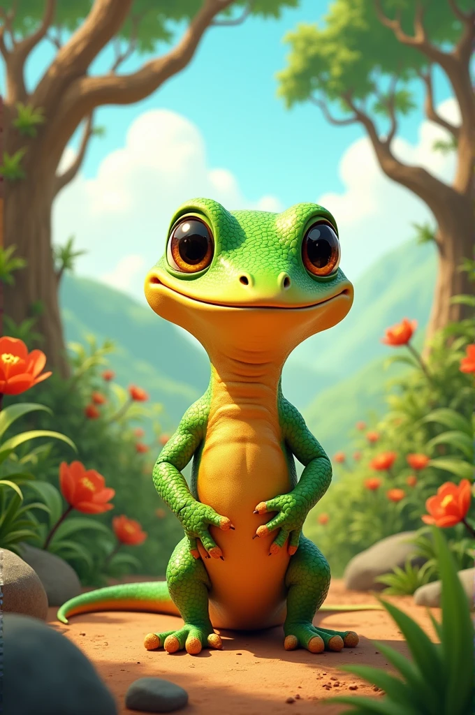 Create an illustration of a male Calango (which is a type of small male lizard) standing in the middle of the Brazilian Cerrado. It should have user-friendly features and you will use Disney, Pixar and Cartoon characters as references.