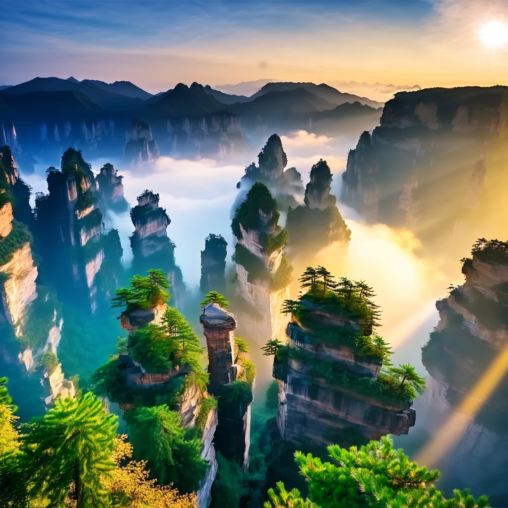 Wulingyuan (Zhangjiajie, China), wonderful scenery, mystery light in the midnight.((highest quality, 8K, masterpiece: 1.3))
