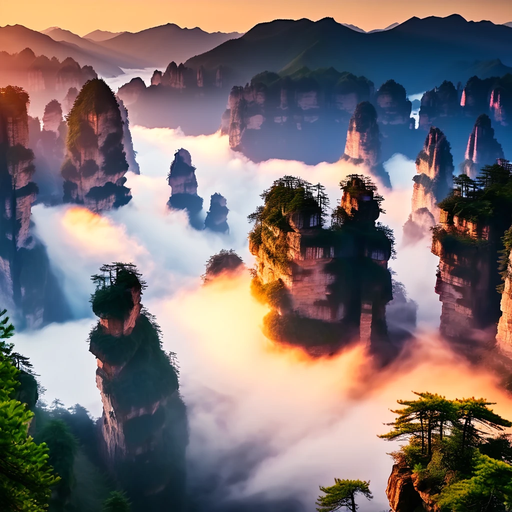 Wulingyuan (Zhangjiajie, China), wonderful scenery, mystery light in the midnight.((highest quality, 8K, masterpiece: 1.3))