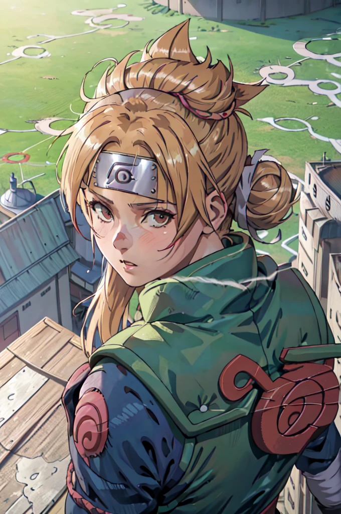 joninvest,forehead protector,konohagakure rooftop, from above, brown skin, messy bun
(best quality, masterpiece, RAW photo,ultra-detailed:1.2), 1girl,solo,looking at viewer