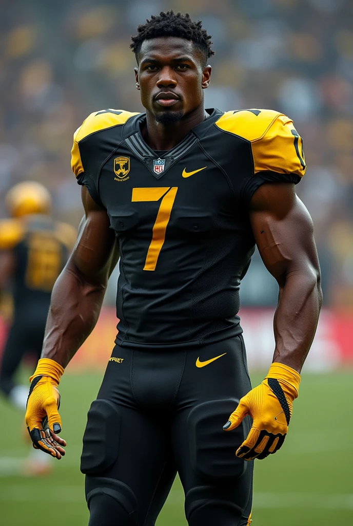 Create a football uniform for the ENVOLVENTES team, that is black and gold and has blurred SURROUNDINGS