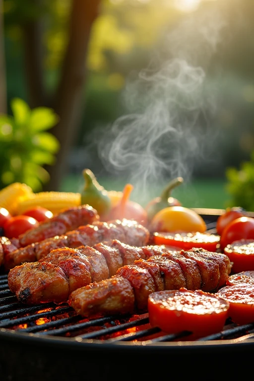 barbecue、ingredients、Colorful vegetables and meat、food、cooking、Juicy、corn、looks delicious、Clear images