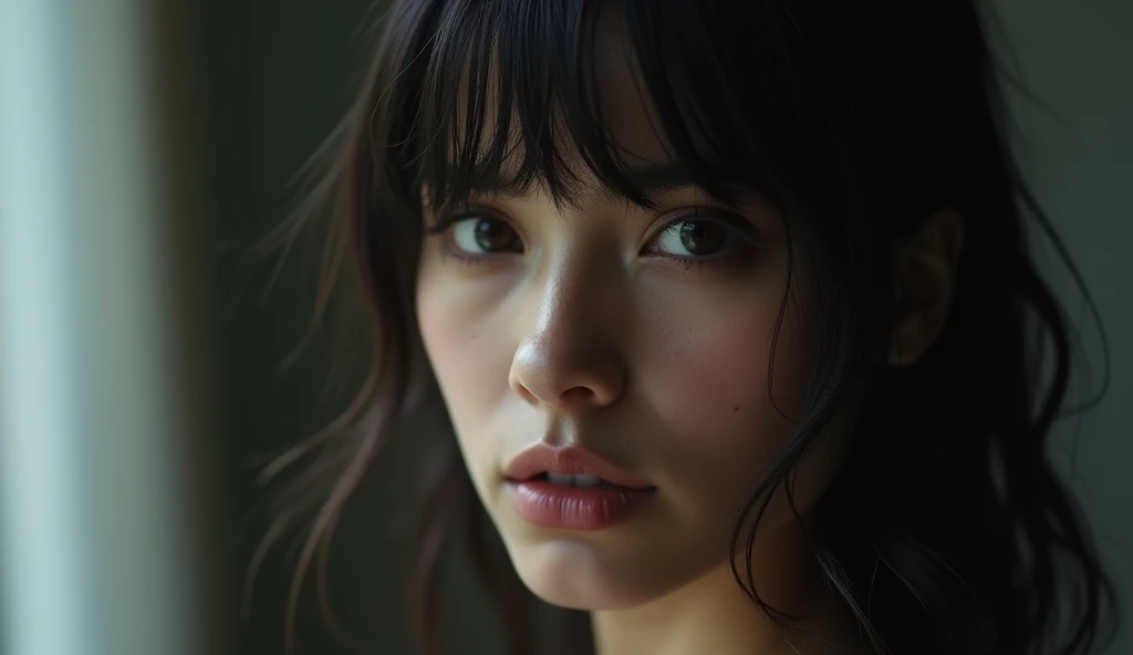 Beautiful black haired woman, looking at the camera, photo ultra realistic, cinematic