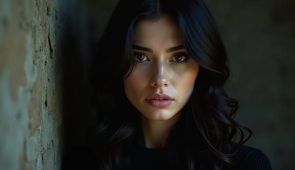 Beautiful black haired woman, looking at the camera, photo ultra realistic, cinematic