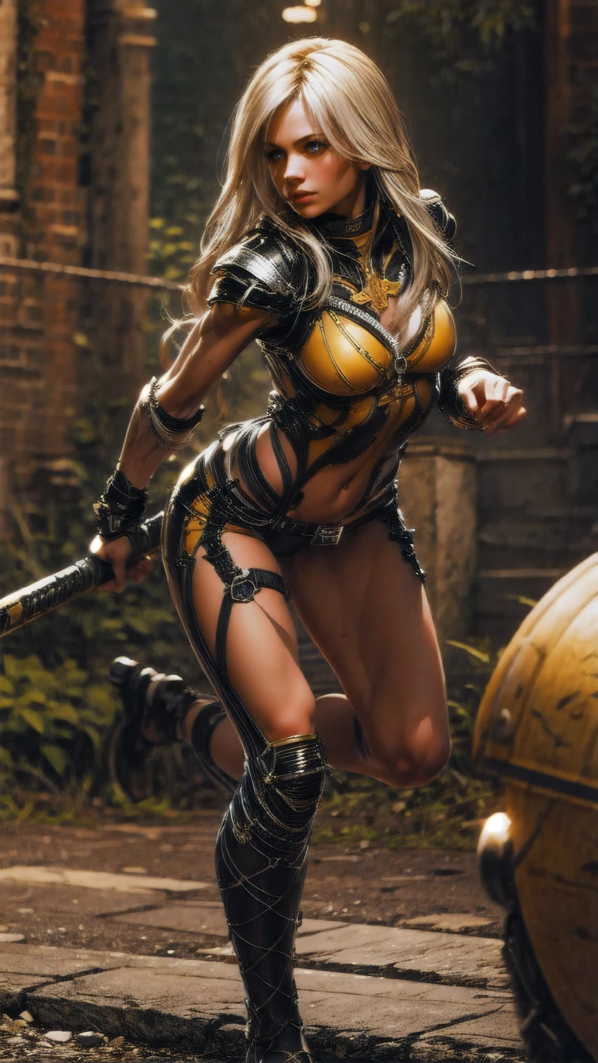 a woman in various combat poses, long straight yellow hair, human anatomy, perfect posing, wide angle, full length portrait, highly detailed, intricate details, cinematic lighting, dramatic shadows, small bust, powerful stance, intense expression, dynamic motion blur, detailed fabric textures, leather armor, fantasy weapon, photorealistic, 8k, hyper realistic, digital art, master study, concept art, strong_negative, elena_so6