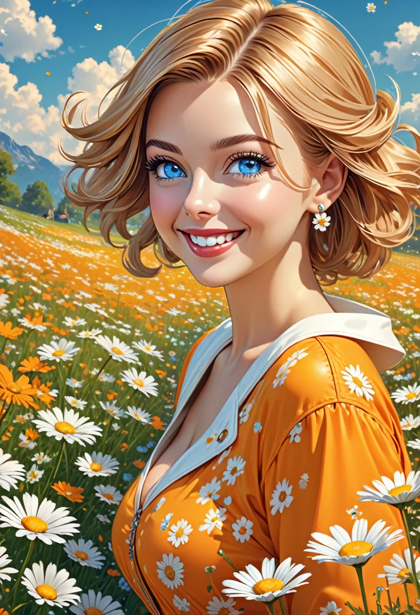 nose piercing, standing, jewelry, orange jumpsuit (insanely detailed, beautiful detailed face, masterpiece, best quality), cleavage, piercing blue eyes, Masiela Lusha. dd-cup sized breasts. short and dainty. happy, smiling cheerful face. Skipping in a magical meadow of daisies. Magical realism. 1950s Panovision 70. 4K Ultra HD, Extreme Detail And Intricate Realism. Stunning 2D Vector Detailed clear. lifelike.
