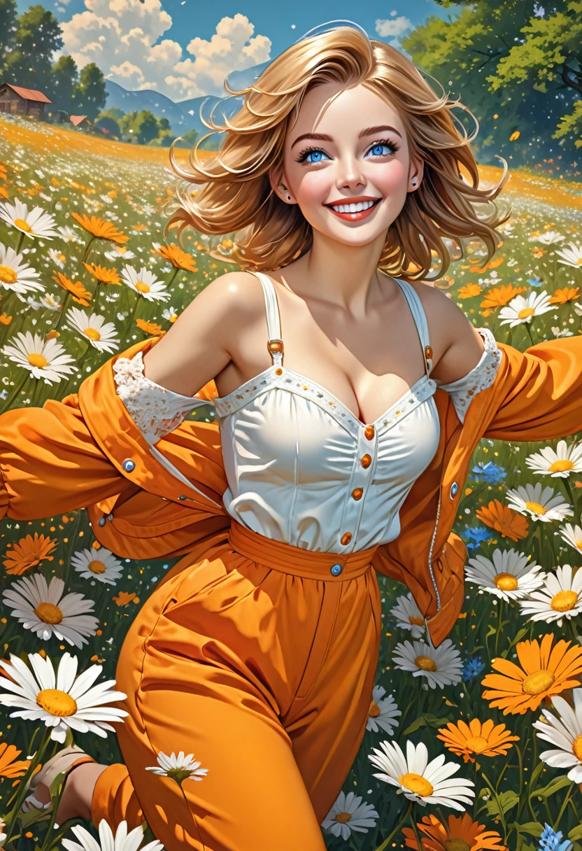 nose piercing, standing, jewelry, orange jumpsuit (insanely detailed, beautiful detailed face, masterpiece, best quality), cleavage, piercing blue eyes, Masiela Lusha. dd-cup sized breasts. short and dainty. happy, smiling cheerful face. Skipping in a magical meadow of daisies. Magical realism. 1950s Panovision 70. 4K Ultra HD, Extreme Detail And Intricate Realism. Stunning 2D Vector Detailed clear. lifelike.
