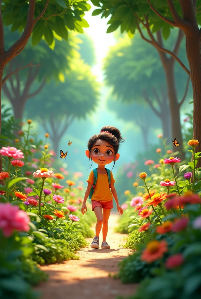 Zara steps into a lush green garden overflowing with vibrant flowers and hidden paths. Sunlight filters through the leaves of tall trees.Image may in the form of 3rd animated cartoon.