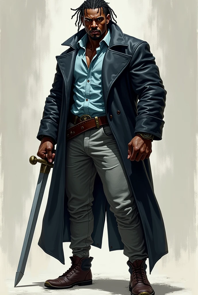 black male, brawny, Cao Cao, short dreadlocks hair, light blue shirt, shiny black overcoat, Gray pants, sapatos com sCao Cao, sword in hand.