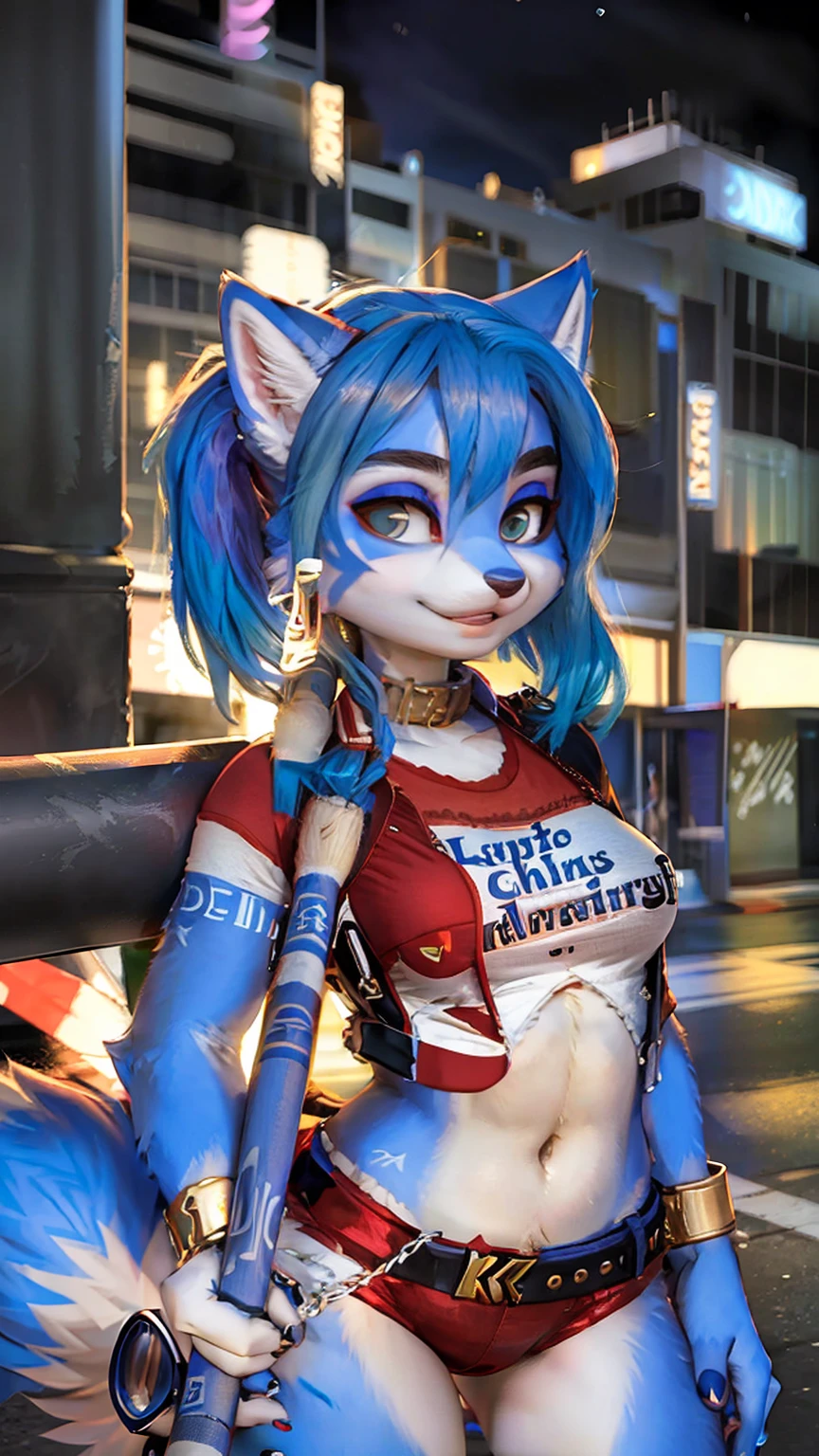 A beautiful and detailed (cute portrait) wa ((krystal)), Star Fox krystal, sslim, lovable, green eyes, medium breasts, (((Long blue hair 1.3))), Decollete, anthro, furry, Uploaded E621, detailed fluffy fur, (wa Fluff-Kevlar, Bayard Wu, Pino Daeni), detailed face, (fluffy), 1 girl, alone, sweet girl, hole body, Shirt, hotpants, posing with a baseball bat