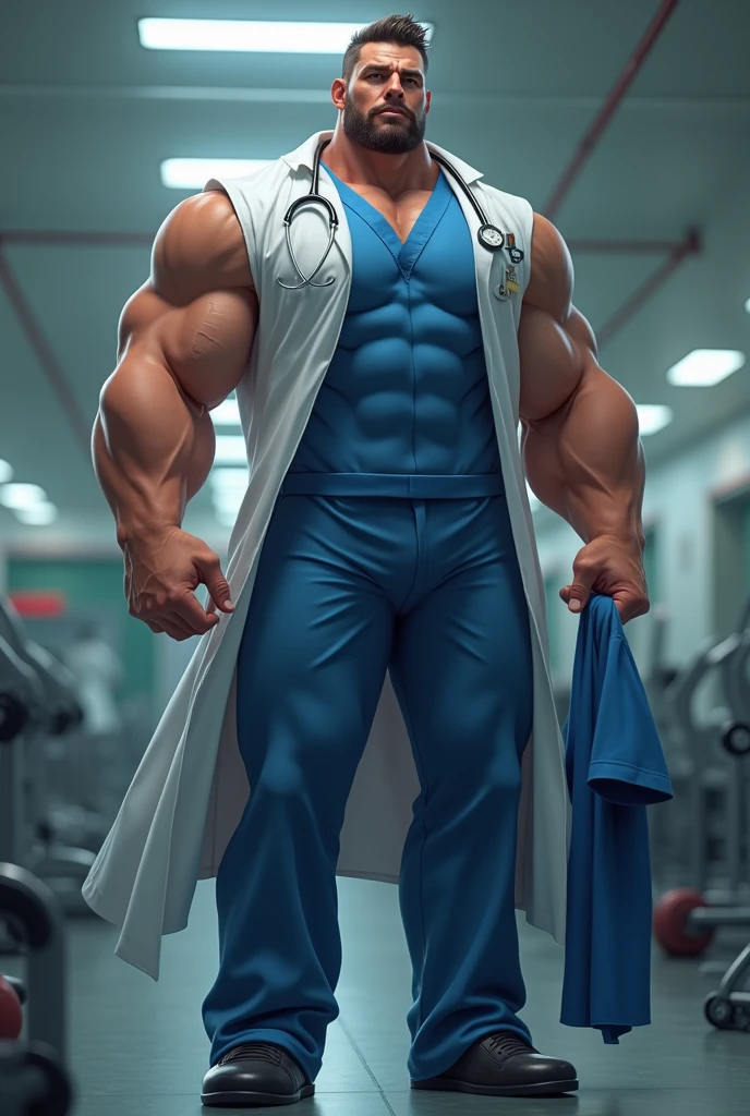 a gaint muscular gym worker doctor wear in one hand his working suit.