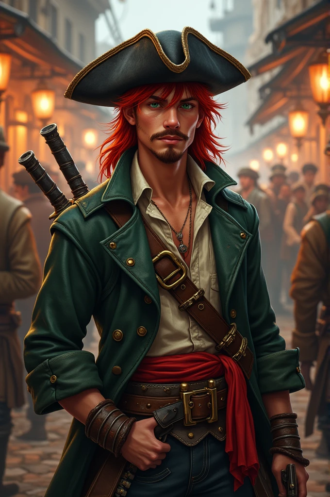Crea un immagine di un personaggio intero di razza umana per d&d. A young pirate Long red hair with a short goatee and a dark red mustache and dark green eyes. He wears a black leather hat, porta un trench coat piratesco con sotto una camicia leggera e un gilet rovinato. In life he wears a red band, two sabres and two pistols. He is drinking room and partying with other sailors and partying in a pub with a pirate port in the background