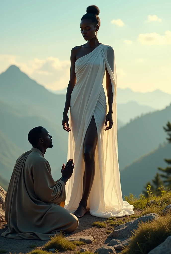 Sexually aroused black Godess showing the bottom of her feet being worshipped by a monk on a mountain at daylight , focus on her skin and perfect feet soles without any clothes