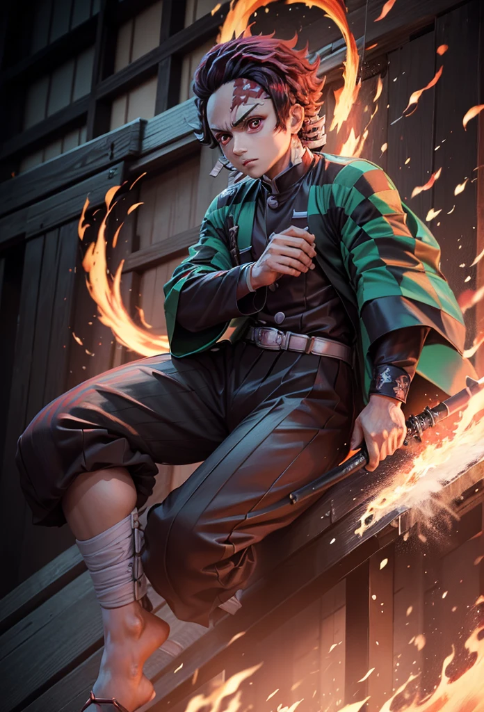 Kamado Tanjiro,(Kimetsu No Yaiba),Full Style,Ultra High Quality,Ultra High Resolution,Photograph 8K,Holding a Sword,One Boy,Ultra Detailed ,Demon Hunter Suit,Hino Kami Kagura Teknik, shirtless
