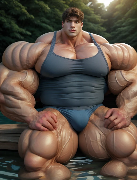 1boy, giant, asian, solo, giant bodybuilder, golden hour, strong body, bulk, large size, seated in any water dock, outdoor, nude, blue triangular underwear with enormous bulge, extraordinary big, brutalmass, giant muscular body, bulk, buff, massive body, large meaty body size, extremely wide body, tallest body