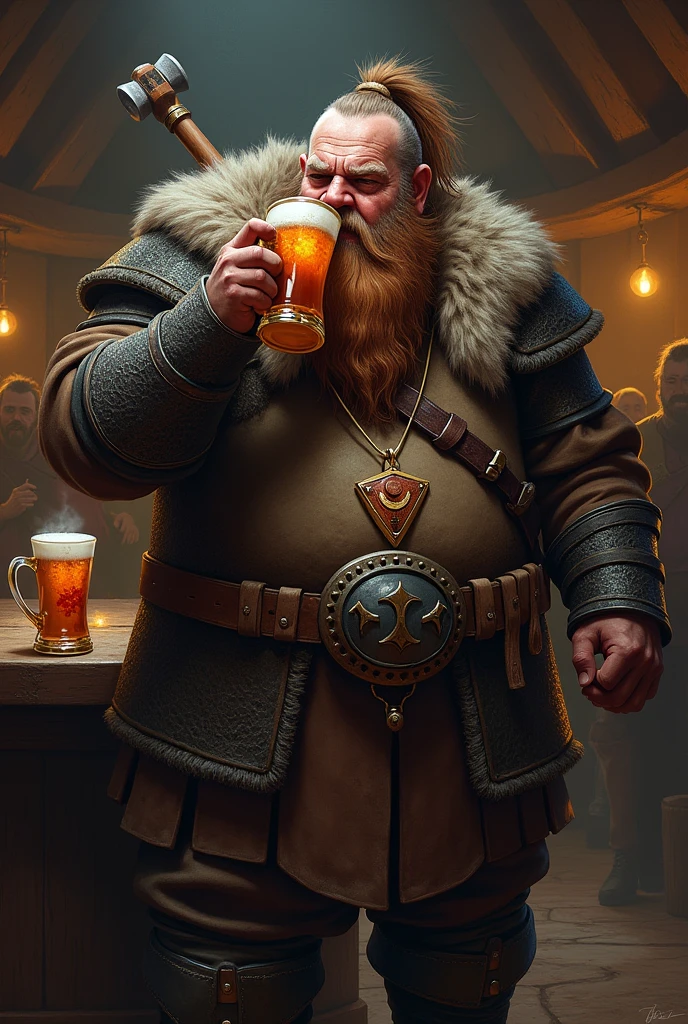a white dwarf man with a long brown beard, fatter, and with a ponytail wearing chain mail, with a war hammer on his back, a necklace with a wooden plaque with blood, while his hands are glowing with a clear healing magic, he is laughing drinking a beer
