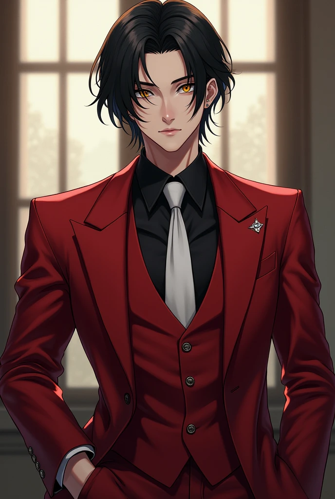 Create a 30 year old character, skin fair, has short black hair styled back with a strand in front, the iris of your eyes is yellow, and his clothes are a black dress shirt, red vest, white tie, red jacket, red pants, black dress shoes, very small silver earrings