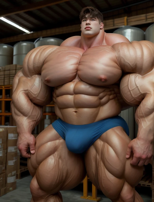 1boy, giant, asian, solo, giant bodybuilder, golden hour, strong body, bulk, large size, standing at warehouse with wet milk tanks, indoor, nude, blue triangular underwear with enormous bulge, extraordinary big, brutalmass, giant muscular body, bulk, buff, massive body, large meaty body size, extremely wide body, tallest body