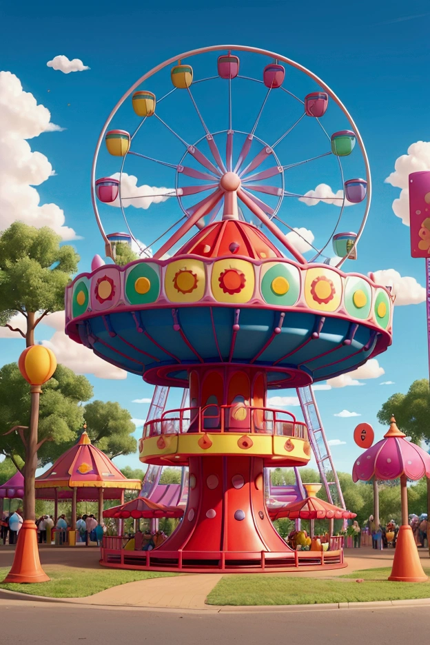 A vibrant and colorful amusement park scene during the day, featuring a large Ferris wheel as the central attraction. The Ferris wheel has brightly colored cabins and is surrounded by other classic amusement park rides and booths, including a carousel and various game stalls. The park is adorned with colorful banners and flags fluttering in the gentle breeze. The sky is clear, with a few fluffy white clouds, creating a joyful and inviting atmosphere. The ground is paved with various patterns, adding to the whimsical feel of the park. The overall style is detailed and cinematic, with a focus on a cheerful, family-friendly environment.