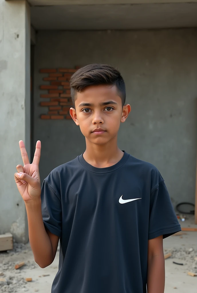 A age boy is posing outdoors in an area with concrete walls and a cement floor. He is wearing a dark blue t-shirt with the Nike symbol in white.. The young man has short hair and is making a peace gesture with his right hand raised. Ao fundo, there is a wall with exposed bricks and some construction materials scattered around, giving the impression of a simple residential environment under construction. The young man's expression is serious and he looks directly at the camera..