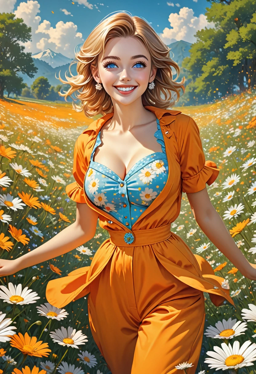 nose piercing, standing,  jewelry, orange jumpsuit (insanely detailed, beautiful detailed face, masterpiece, best quality), cleavage, piercing blue eyes, Masiela Lusha. dd-cup sized breasts. short and dainty. happy, smiling cheerful face. Skipping in a magical meadow of daisies. Magical realism. 1950s Panovision 70. 4K Ultra HD, Extreme Detail And Intricate Realism. Stunning 2D Vector Detailed clear. lifelike.