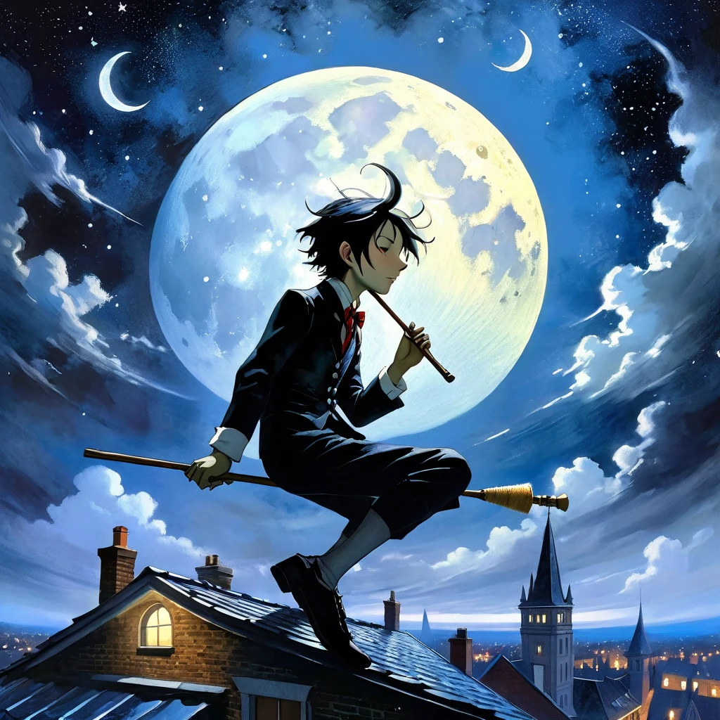 a beautiful detailed oil painting of A chimney sweep, dressed in a suit made of the starry sky, sits on a roof made of clouds. He plays the flute, and its melodic sounds transform the city into a fairy-tale world. The moon, resembling a huge cheese, hangs low over the rooftops. (best quality,8k,highres,masterpiece:1.2),ultra-detailed,(realistic,photorealistic,photo-realistic:1.37),breathtaking night sky,dramatic lighting,glowing moon,vibrant colors,cinematic composition,moody atmosphere,inspired by Dave McKean art,surreal,dreamlike,ethereal