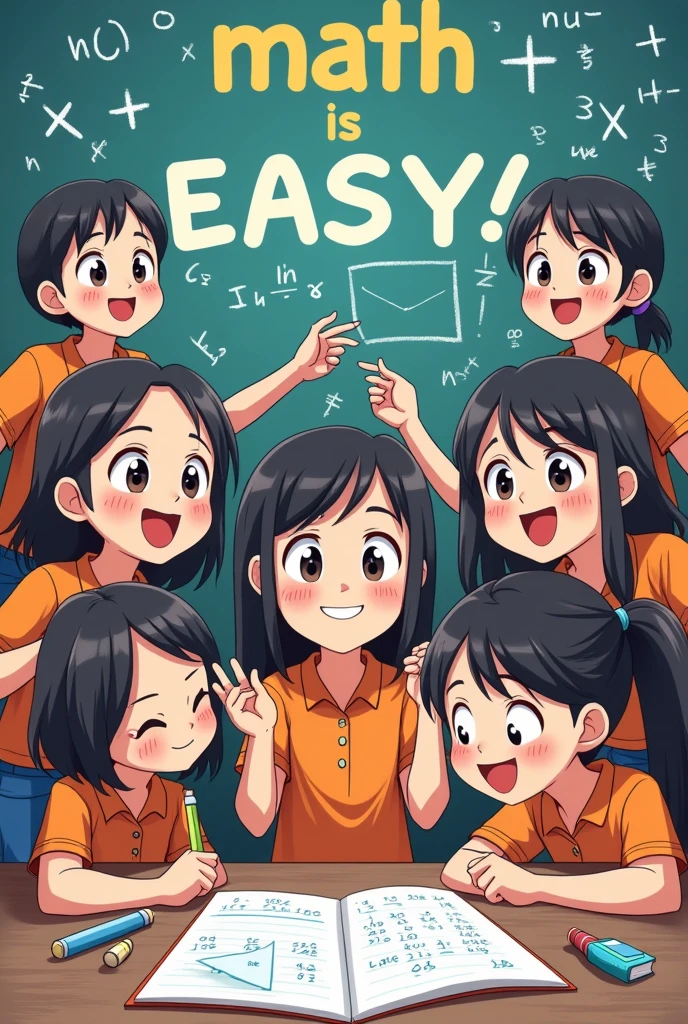 Make a poster with the theme "Math is easy" (Please depict Indonesian high school students with anime art)