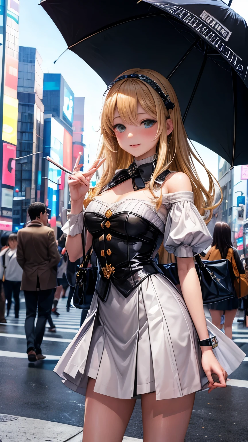 Sulamith Wülfing, Friedrich Schröder Sonnenstern, Dariusz Zawadzki, George Barbier, Elsa Beskow, Surrealism, mysterious, bizarre, fantastical, fantasy, Sci-fi, Japanese anime, beautiful blonde miniskirt girl Alice leads the parade of mourning gods, perfect voluminous body, Shibuya Scramble Crossing, detailed masterpiece happy coquettish Hyper realistic sharp focus coquettish shy embarrassed blushing happy