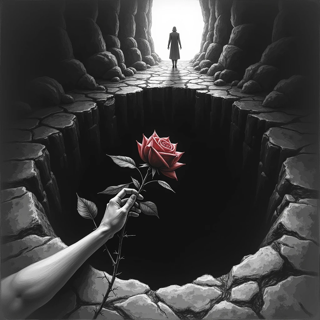 A bloody rose reaches towards the hole,dark deep pit,There is only a glimmer of light at the far entrance of the cave, Black and white, sketch
