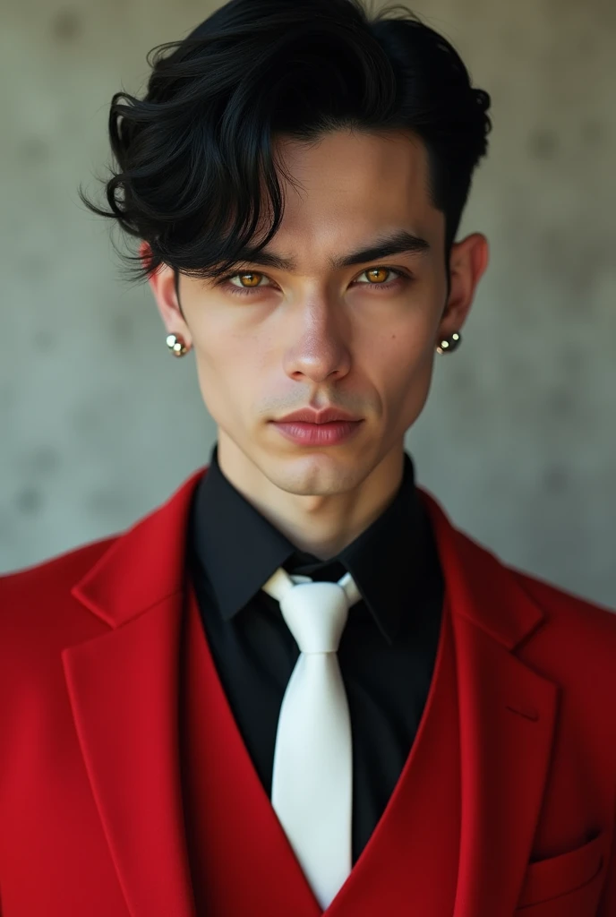 Create a 30 year old character, skin fair, has short black hair styled back with a strand of hair in front, the iris of your eyes is yellow, and his clothes are a black dress shirt, red vest, white tie, red jacket, red pants, black dress shoes, very small silver earrings