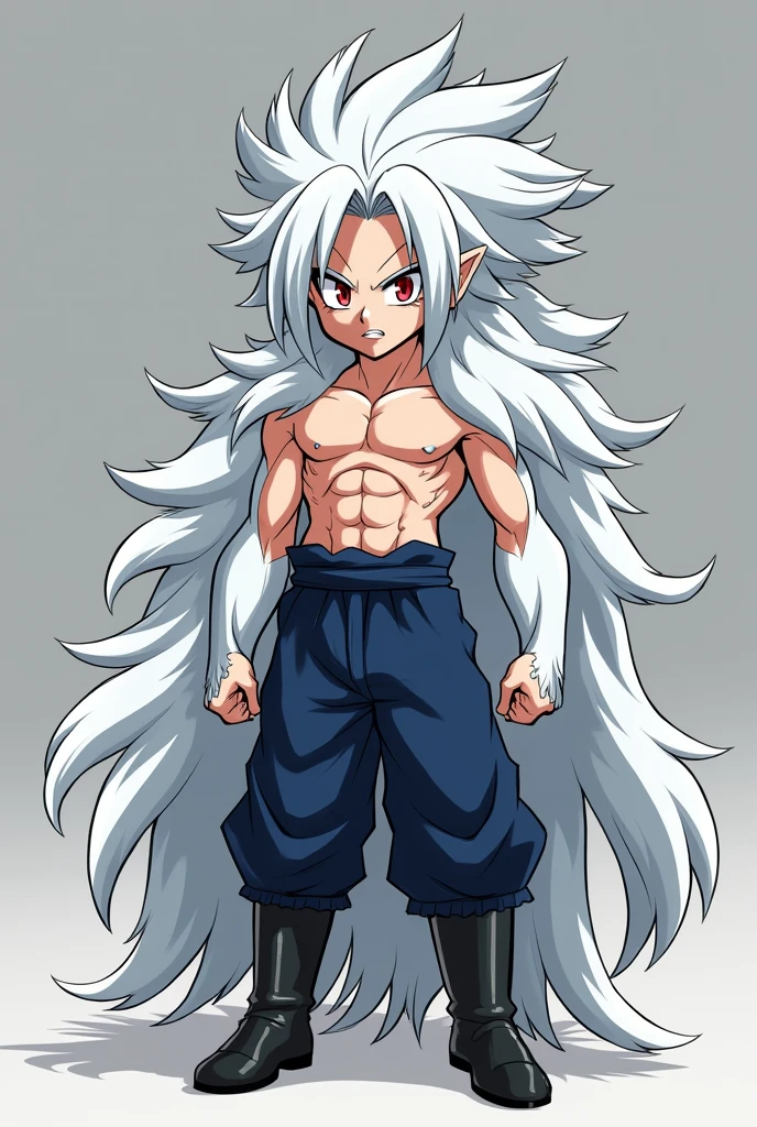 Boy with long, white, spiky hair down to his waist,semi muscular,Red eyes,shirtless,Silver fur on his arms and around his abdomen and pectorals,Jin's dark blue pants,white monkey tail,black boots(anime style,dragon ball)