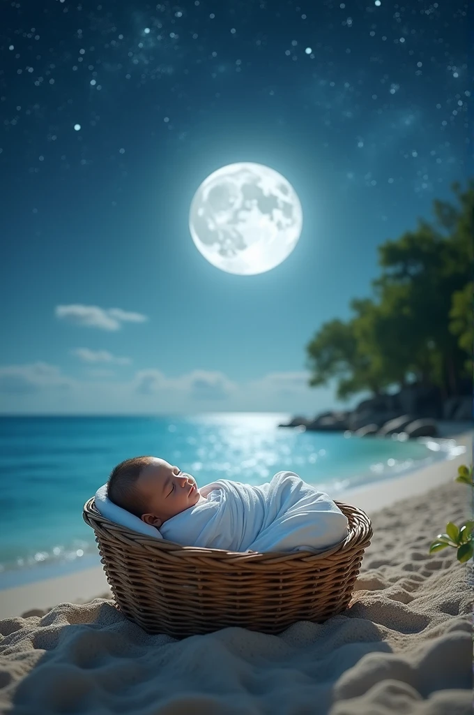 High quality. 4k, in the image there is a wide sea, near the seashore there is a new placed inside baby baskThe basket fot the size of the baby perfectlhevsky is full of small stars and big full white moon. Some trees beside the sea.