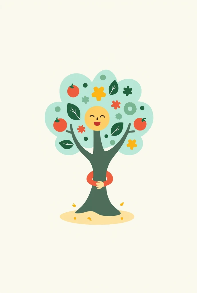 A logo featuring a tree with a stylized trunk that looks like a human figure hugging the tree. The leaves of the tree are made up of small colorful toys, like building blocks, puzzle pieces and balls. Use soft and cheerful colors, like light blue, pastel green and yellow, for toys. The trunk has a neutral color, like light gray or beige. The background is white or a soft color to highlight the tree.. The design conveys a sense of growth, Support and affection in a playful and professional style.