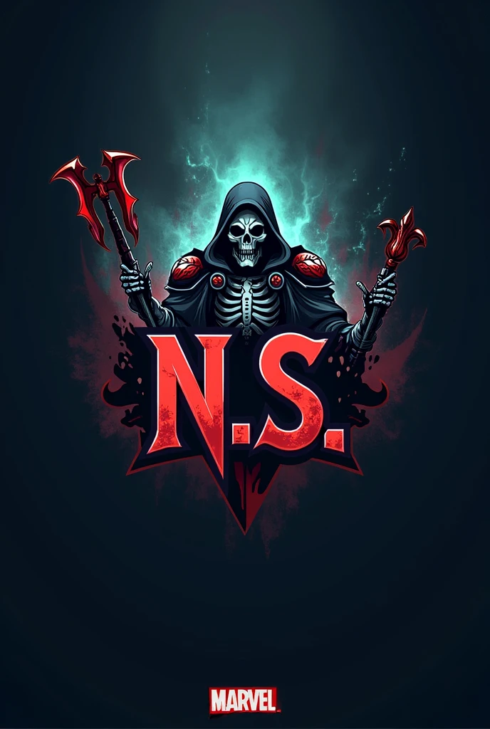 Based on the characters available in the Marvel Contest of Champions mobile game, Use the initials N.S., o nome Necropolis Squad, Marvel characters, Crie uma logomarca.