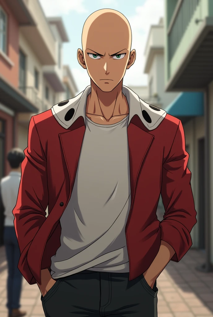 Create male character from anime one punch man ,face perfect, serious face, saitama character, looking forward, SOCIAL CLOTHES