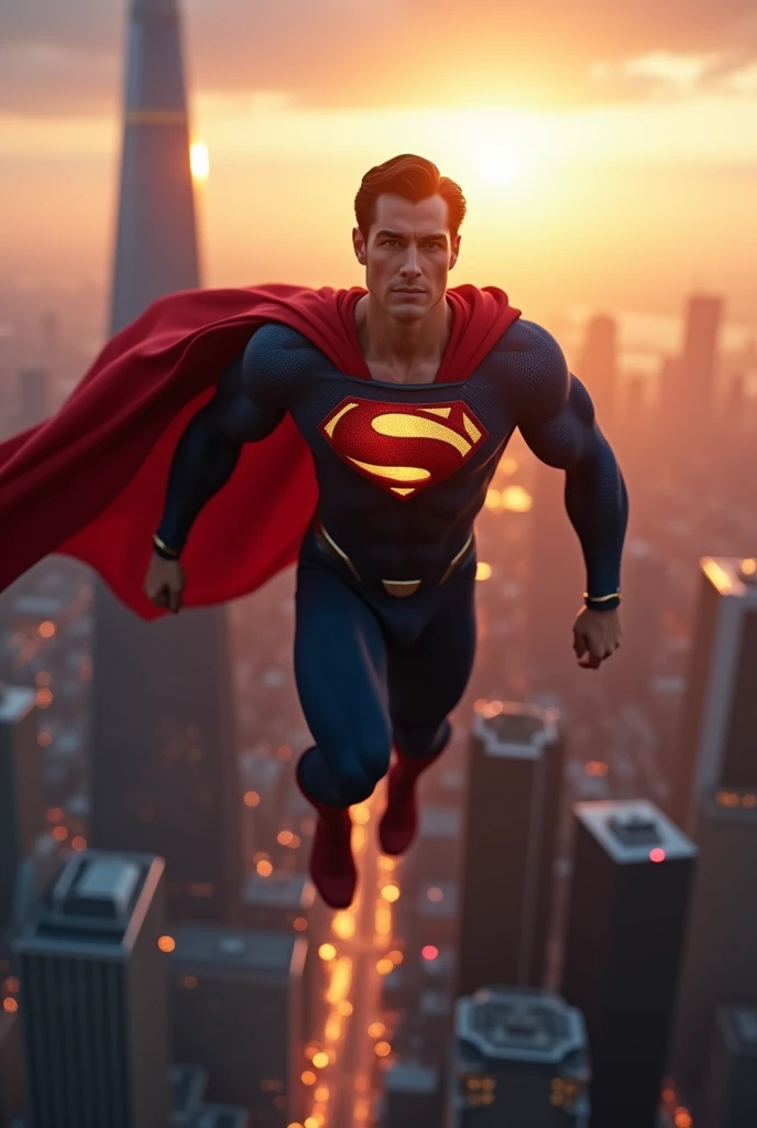 Create an ultra-realistic, highly detailed image of Superman soaring above a modern metropolis at dawn. The sun is just beginning to rise, casting a golden hue over the cityscape and highlighting the sleek skyscrapers below. Superman is captured in mid-flight, his iconic red cape billowing dramatically behind him as he moves through the sky with effortless power and grace. His suit is a rich, deep blue with the iconic "S" emblem on his chest, vibrant and shining, symbolizing hope and strength. The lighting emphasizes the contours of his muscular physique, making him appear both powerful and heroic. The sky is a mix of warm oranges, pinks, and purples, creating a dramatic backdrop that enhances the epic nature of the scene. His expression is one of determination and resolve as he surveys the city, ready to protect it from any threat. The image is rendered in ultra-high definition, capturing every detail from the texture of his suit to the reflective surfaces of the buildings below, creating a visually stunning and dynamic portrayal of the Man of Steel.