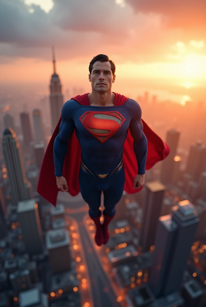 Create an ultra-realistic, highly detailed image of Superman soaring above a modern metropolis at dawn. The sun is just beginning to rise, casting a golden hue over the cityscape and highlighting the sleek skyscrapers below. Superman is captured in mid-flight, his iconic red cape billowing dramatically behind him as he moves through the sky with effortless power and grace. His suit is a rich, deep blue with the iconic "S" emblem on his chest, vibrant and shining, symbolizing hope and strength. The lighting emphasizes the contours of his muscular physique, making him appear both powerful and heroic. The sky is a mix of warm oranges, pinks, and purples, creating a dramatic backdrop that enhances the epic nature of the scene. His expression is one of determination and resolve as he surveys the city, ready to protect it from any threat. The image is rendered in ultra-high definition, capturing every detail from the texture of his suit to the reflective surfaces of the buildings below, creating a visually stunning and dynamic portrayal of the Man of Steel.
