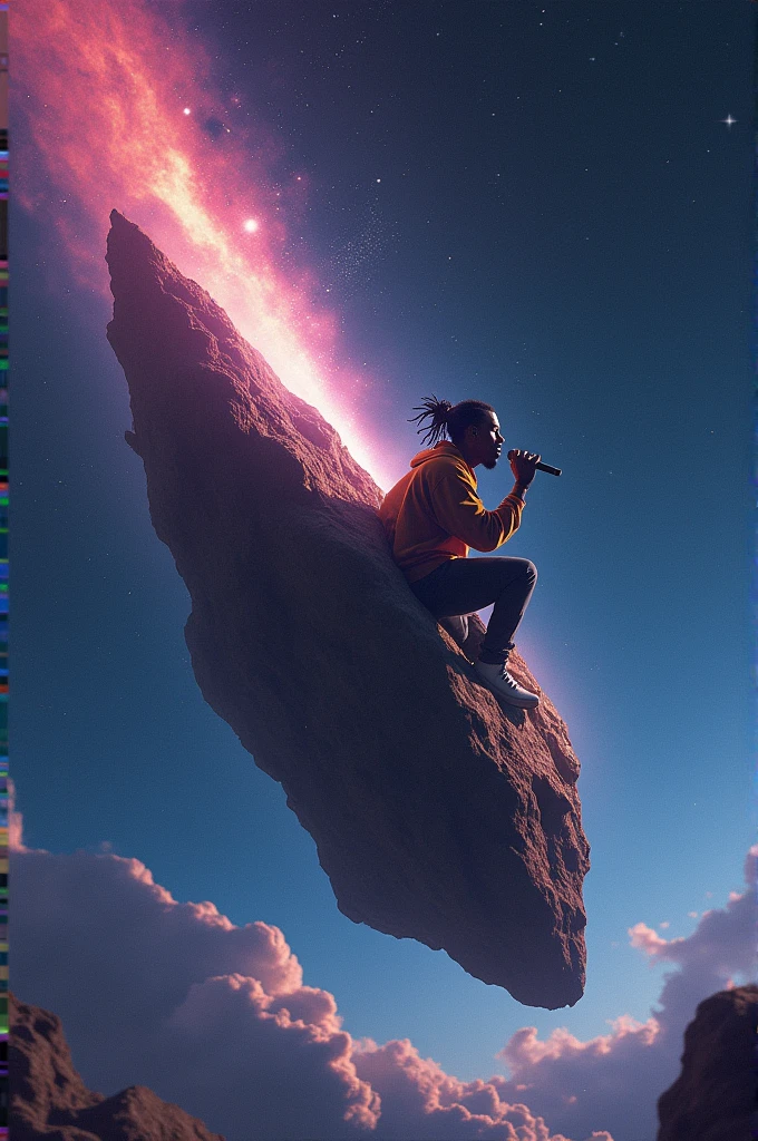 A picture of Travis Scott riding a meteorite with a mic in his hand