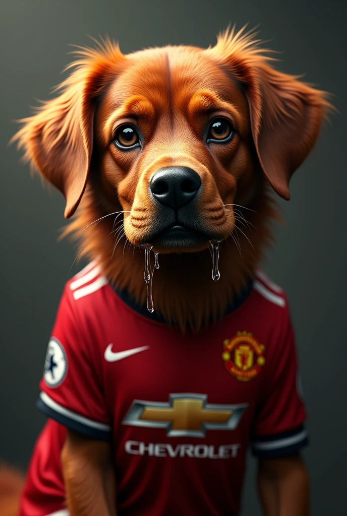 A dog with red fur wearing Man United shirt, crying