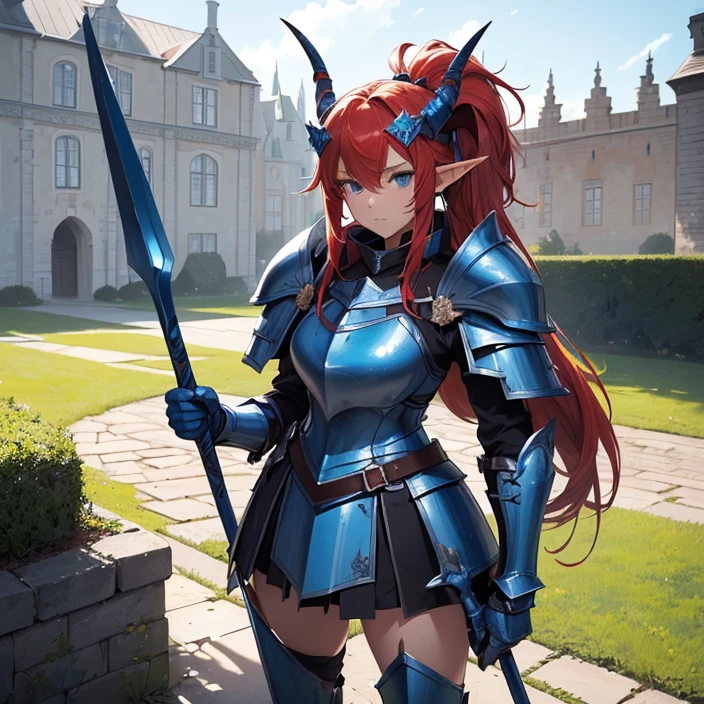 (masterpiece image), (very detailed image, (best high quality high definition image), (carefully detailed textures and pixels), (carefully detailed character and background), (alone character, solo), (HD), (High resolution), (Fantasy), (anime)
{{(1character: 1 red-haired elf girl knight:(body full covered in heavy blue knight armor)),((standing brave and strong),(willing to protect you and everyone)),((blue knight helmet), (helmet with two horns), helmet with a tail)), (blue steel knight cuirass), (blue steel armor skirt), (blue heavy steel shoulder plates), (blue arms armor), (blue gauntlets), (blue neck armor), (blue steel knight long boots))),((holding a long light-blue halberd with her right hand)),((morning at the danish castle wall), (on patrol), (standing confident and strong))}}